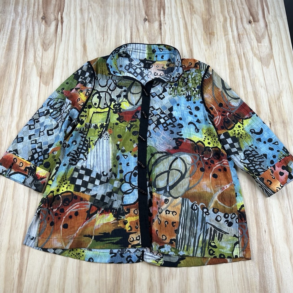 Ali Miles Women's 1X Abstract Multi Print Textured Woven Wire Collar 3/4 Sleeve